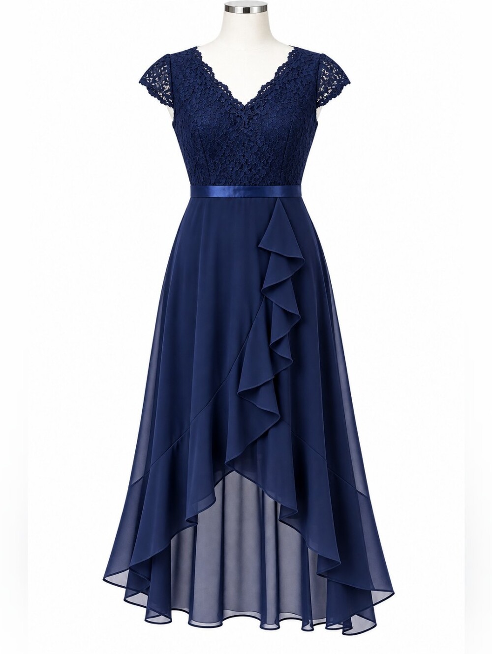 Elegant Navy Blue Lace Evening Dress.